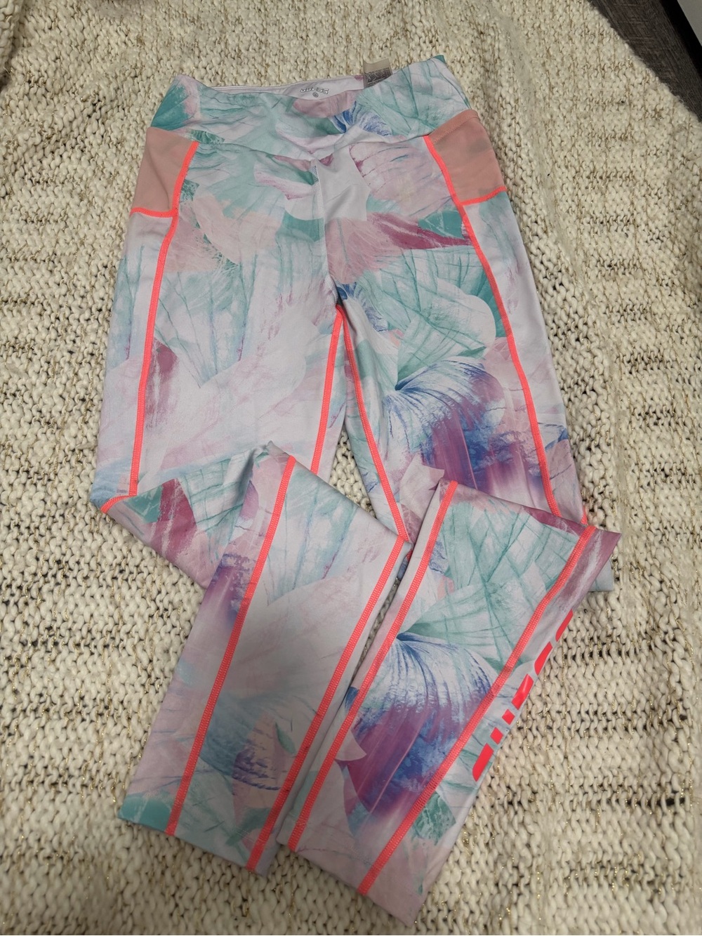 Guess Girls' Pastel Floral Leggings with Neon Coral Trim